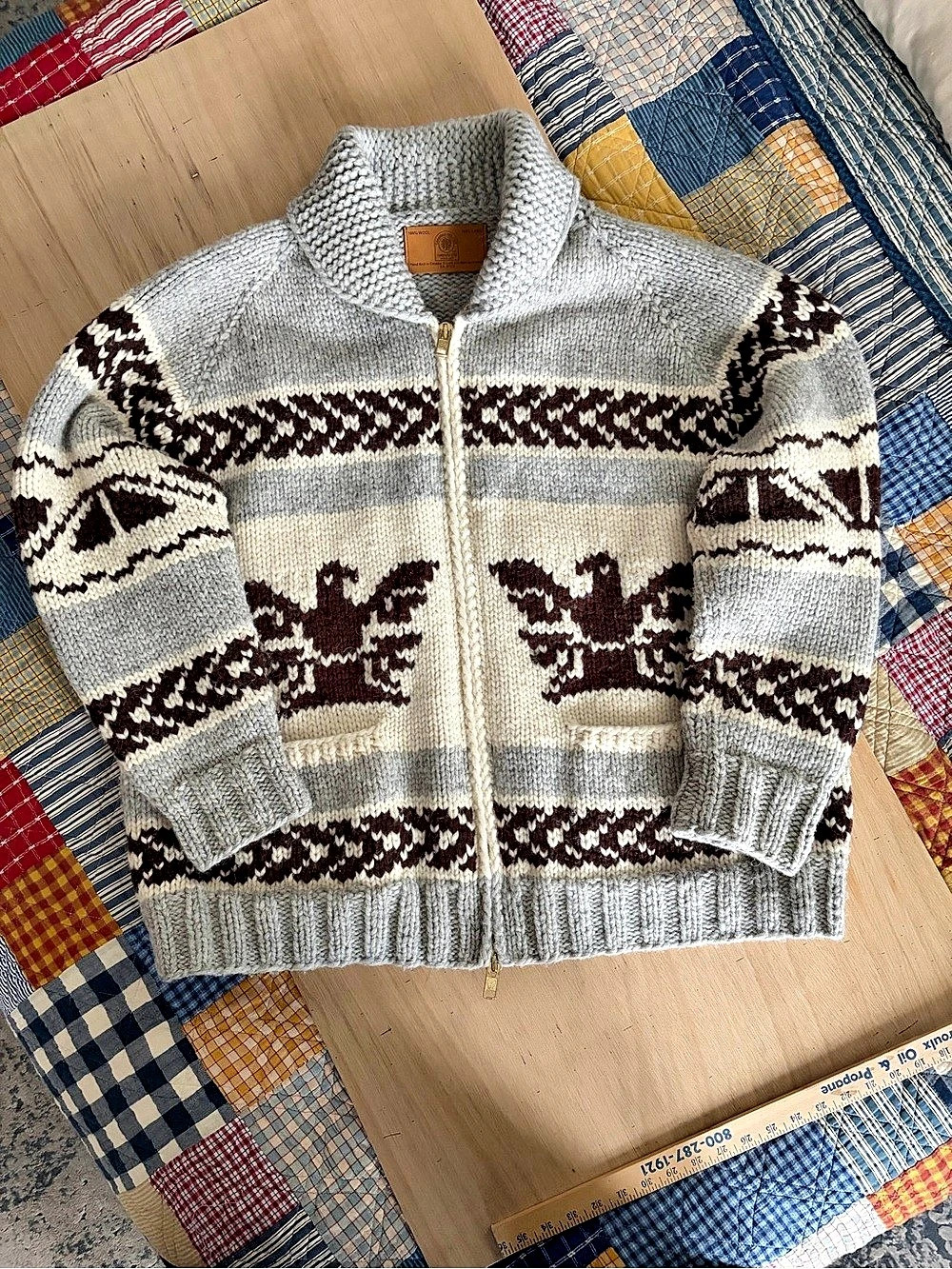 Canadian Sweater Company Ltd. Wool Eagle Hand Knit Zip Cardigan in Gray & Brown